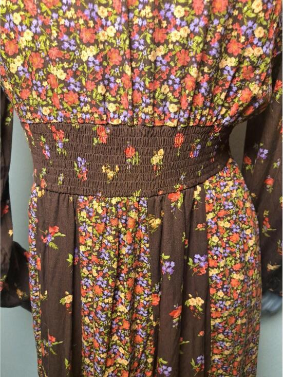 SO Goods For Life Brown Floral Stripe A-line Mini Sleeve Dress Empire Waist XL - Picture 4 of 6